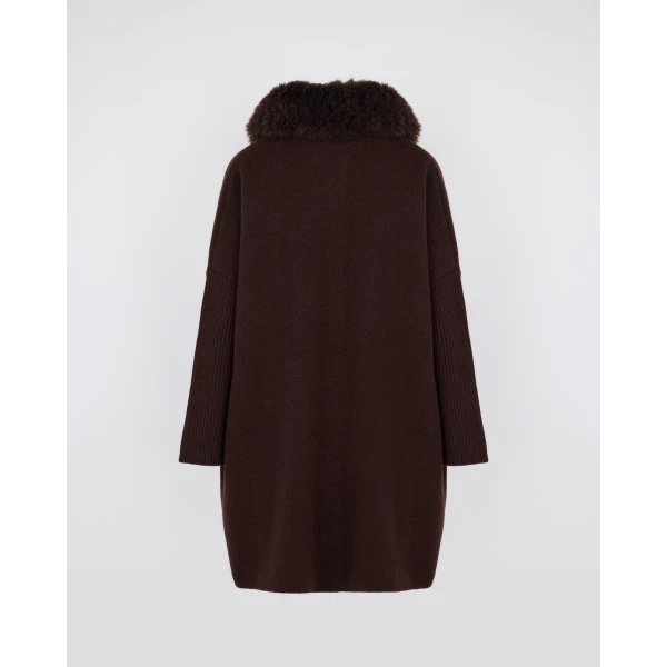 Yves Salomon Merino Knit Coat with Cashmere Lambskin Collar in Brown | Shearling Coat | Coveti