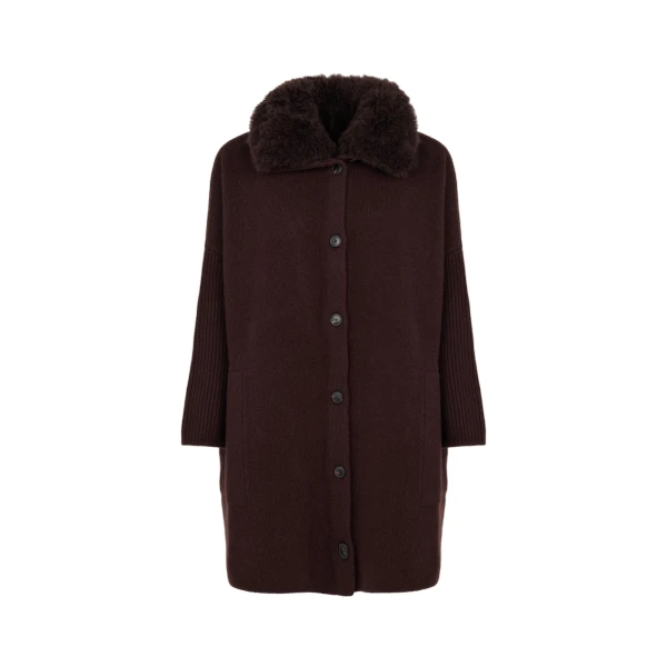 Yves Salomon Merino Knit Coat with Cashmere Lambskin Collar in Brown | Shearling Coat | Coveti