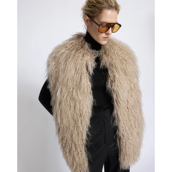 Yves Salomon Merino Knit Gilet with Curly Long-Haired Lambskin in Beige | Vests | Coveti