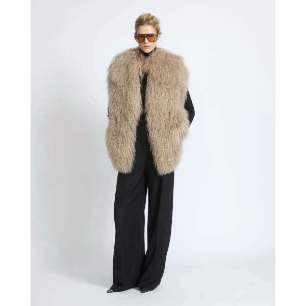 Yves Salomon Merino Knit Gilet with Curly Long-Haired Lambskin in Beige | Vests | Coveti