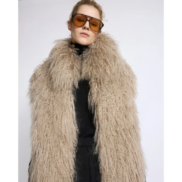 Yves Salomon Merino Knit Gilet with Curly Long-Haired Lambskin in Beige | Vests | Coveti