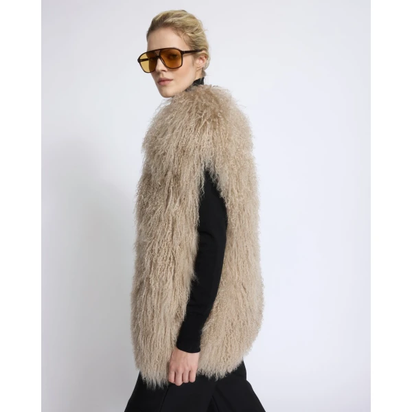 Yves Salomon Merino Knit Gilet with Curly Long-Haired Lambskin in Beige | Vests | Coveti