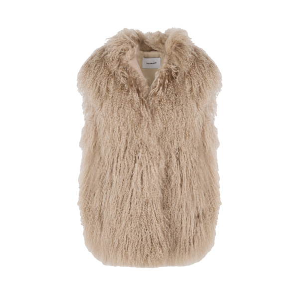 Yves Salomon Merino Knit Gilet with Curly Long-Haired Lambskin in Beige | Vests | Coveti
