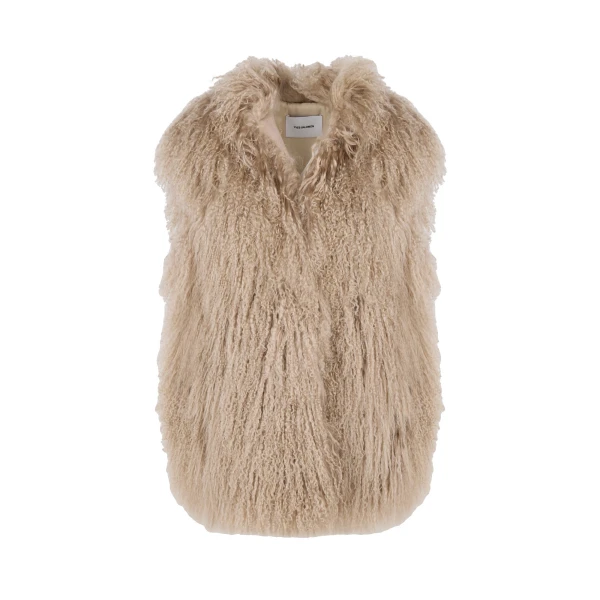 Merino Knit Gilet with Curly Long-Haired Lambskin in Beige