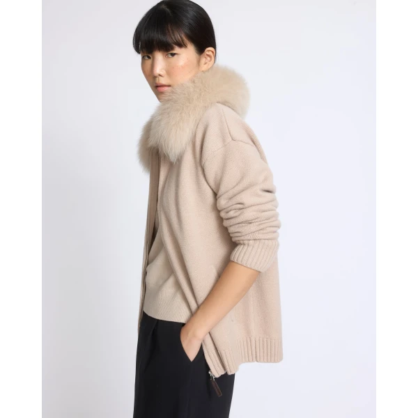 Yves Salomon Merino Knit Jacket with Fox Fur Collar in Beige | Jackets | Coveti