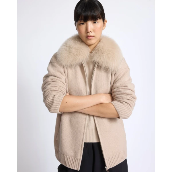 Yves Salomon Merino Knit Jacket with Fox Fur Collar in Beige | Jackets | Coveti