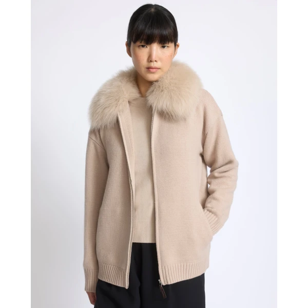 Yves Salomon Merino Knit Jacket with Fox Fur Collar in Beige | Jackets | Coveti