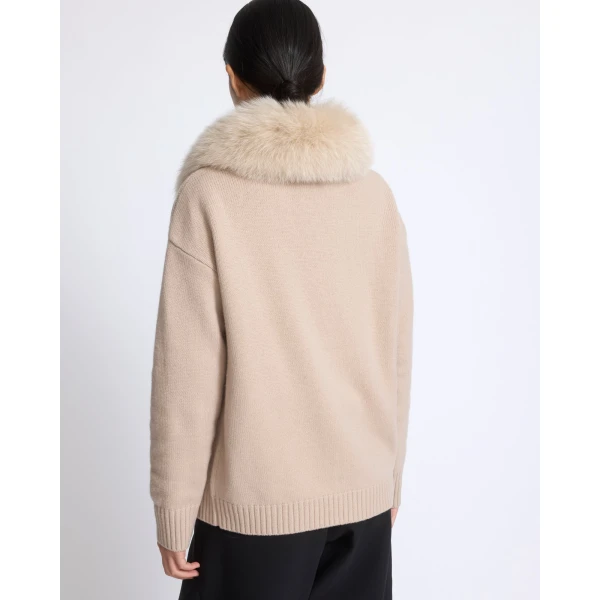 Yves Salomon Merino Knit Jacket with Fox Fur Collar in Beige | Jackets | Coveti