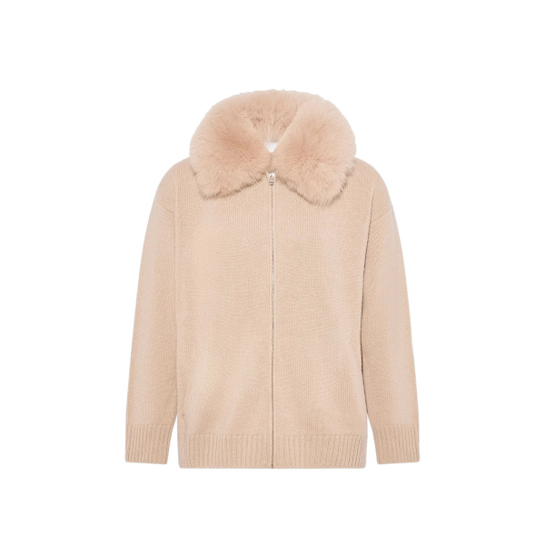 Yves Salomon Merino Knit Jacket with Fox Fur Collar in Beige | Jackets | Coveti