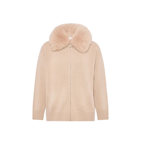 Yves Salomon Merino Knit Jacket with Fox Fur Collar in Beige | Jackets | Coveti