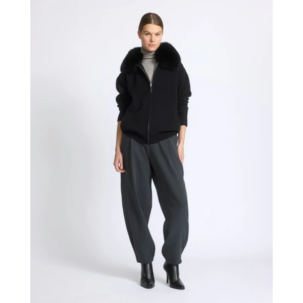 Yves Salomon Merino Knit Jacket with Fox Fur Collar in Black | Jackets | Coveti
