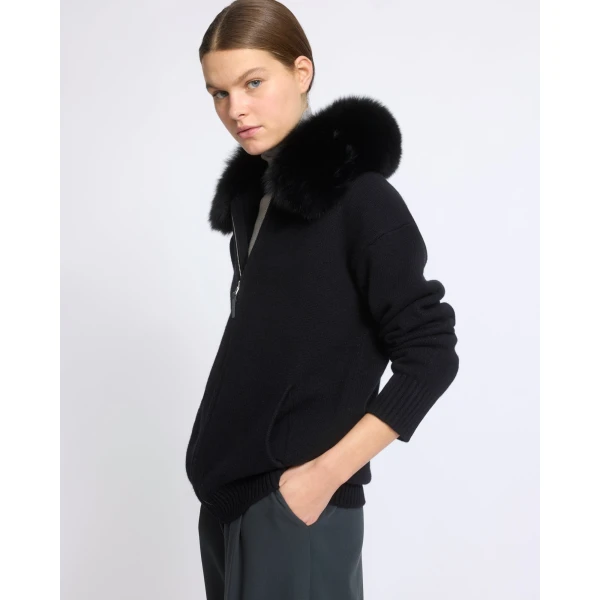 Yves Salomon Merino Knit Jacket with Fox Fur Collar in Black | Jackets | Coveti
