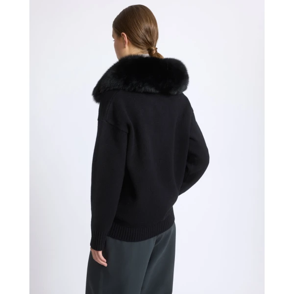 Yves Salomon Merino Knit Jacket with Fox Fur Collar in Black | Jackets | Coveti