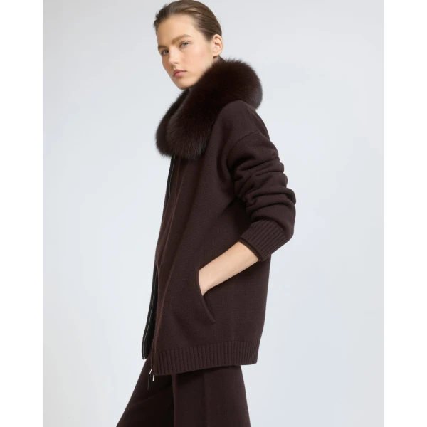 Yves Salomon Merino Knit Jacket with Fox Fur Collar in Brown | Jackets | Coveti