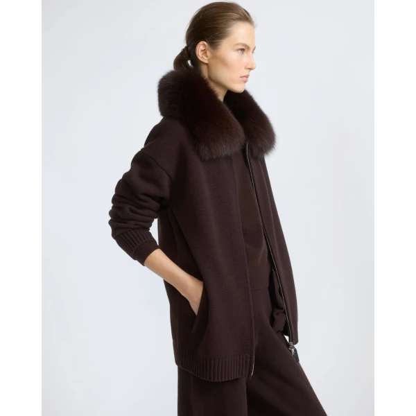 Yves Salomon Merino Knit Jacket with Fox Fur Collar in Brown | Jackets | Coveti