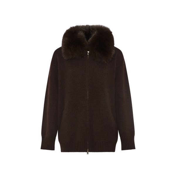Yves Salomon Merino Knit Jacket with Fox Fur Collar in Brown | Jackets | Coveti