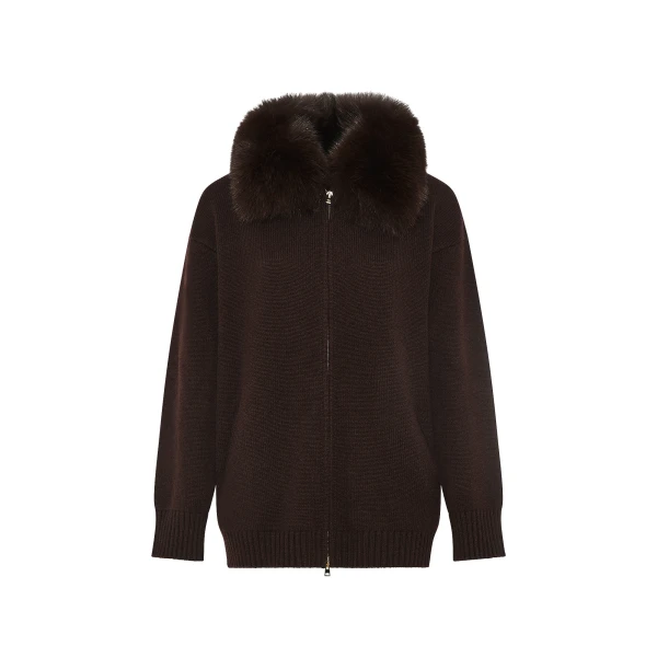 Merino Knit Jacket with Fox Fur Collar in Brown