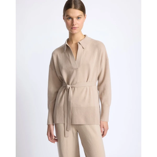 Yves Salomon Merino Knit Polo Shirt in Beige | Sweaters | Coveti