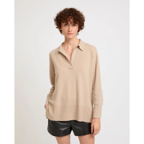 Yves Salomon Merino Knit Polo Shirt in Beige | Sweaters | Coveti