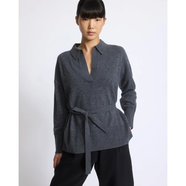 Yves Salomon Merino Knit Polo Shirt in Blue Grey | Sweaters | Coveti