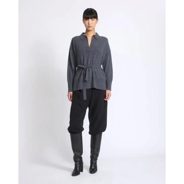 Yves Salomon Merino Knit Polo Shirt in Blue Grey | Sweaters | Coveti