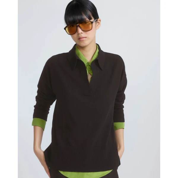 Yves Salomon Merino Knit Polo Shirt in Brown | Sweaters | Coveti