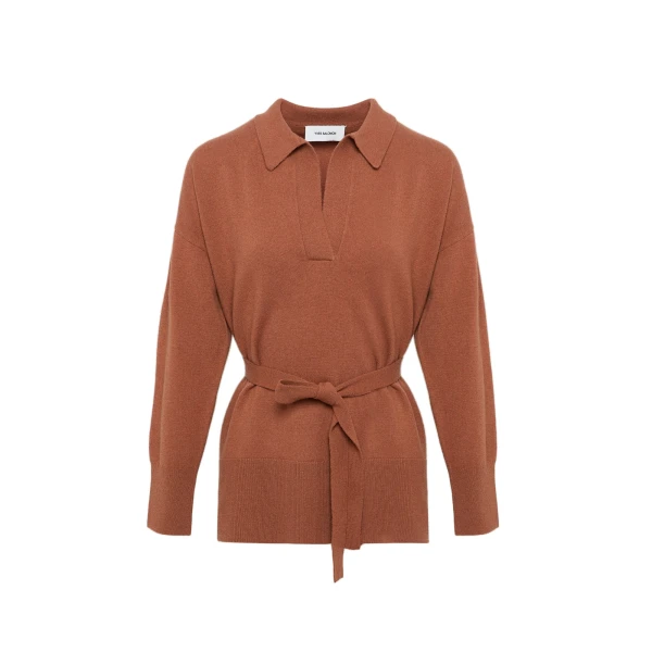 Yves Salomon Merino Knit Polo Shirt in Brown | Women | Coveti