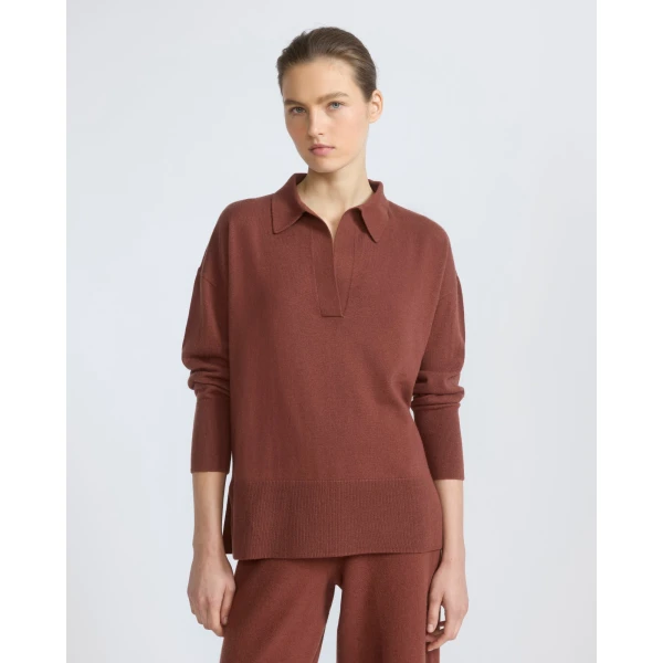 Yves Salomon Merino Knit Polo Shirt in Rust Brown | Sweaters | Coveti