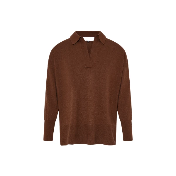 Yves Salomon Merino Knit Polo Shirt in Rust Brown | Women | Coveti