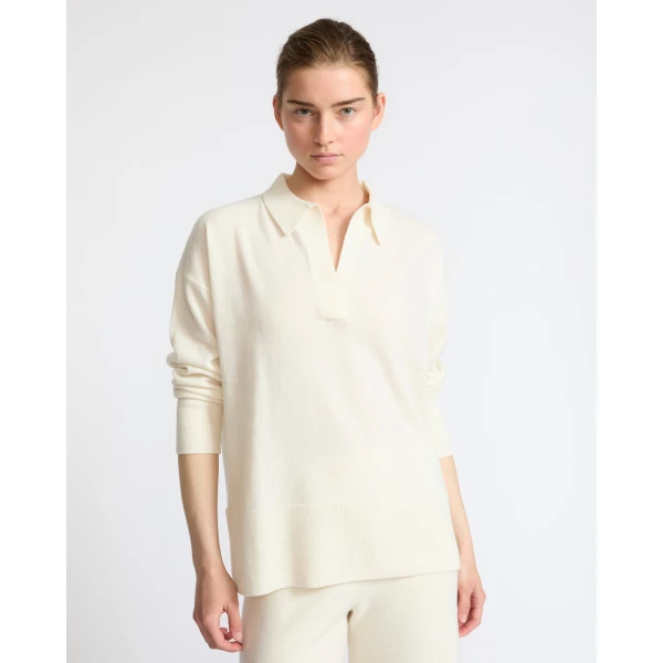 Yves Salomon Merino Knit Polo Shirt in White | Sweaters | Coveti