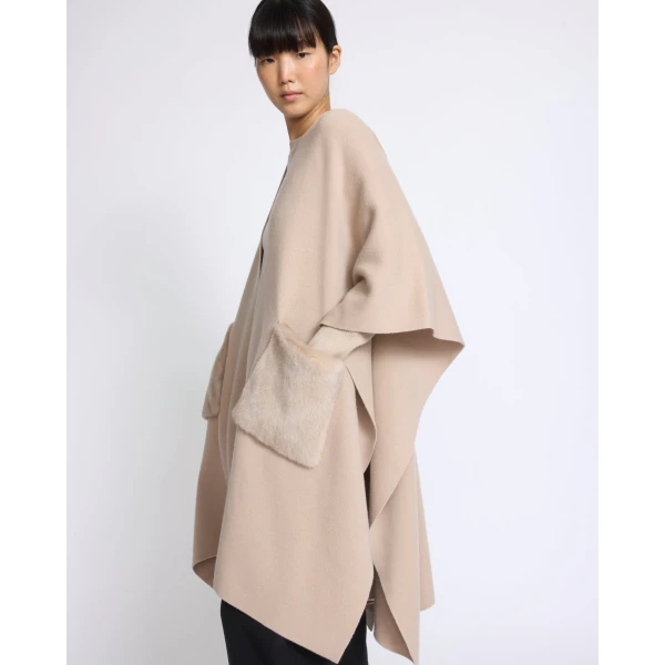 Yves Salomon Merino Knit Poncho with Mink Fur Pockets in Beige | Coats | Coveti