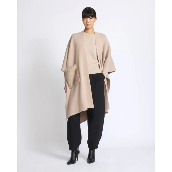 Yves Salomon Merino Knit Poncho with Mink Fur Pockets in Beige | Coats | Coveti