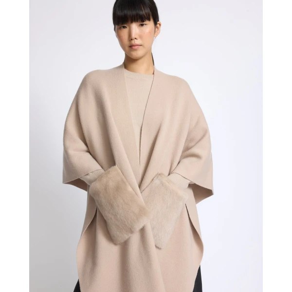 Yves Salomon Merino Knit Poncho with Mink Fur Pockets in Beige | Coats | Coveti