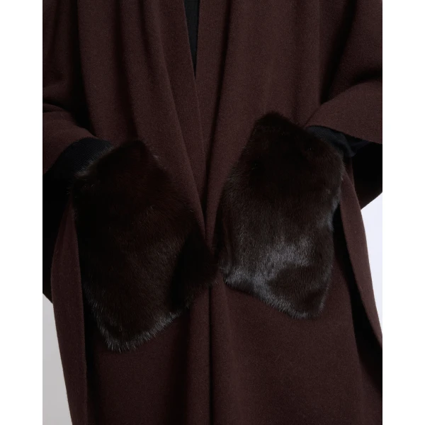Yves Salomon Merino Knit Poncho with Mink Fur Pockets in Brown | Coats | Coveti