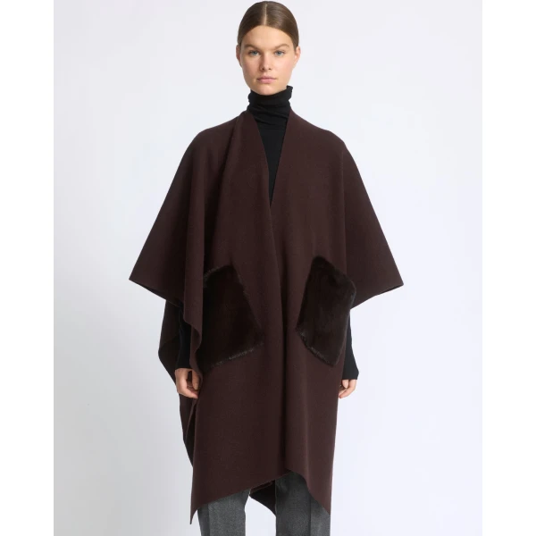 Yves Salomon Merino Knit Poncho with Mink Fur Pockets in Brown | Coats | Coveti