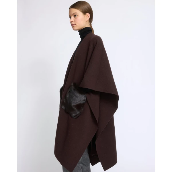 Yves Salomon Merino Knit Poncho with Mink Fur Pockets in Brown | Coats | Coveti