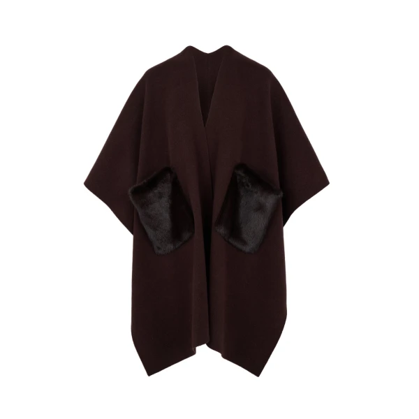 Merino Knit Poncho with Mink Fur Pockets in Brown