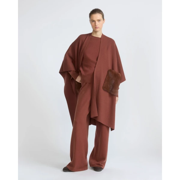 Yves Salomon Merino Knit Poncho with Mink Fur Pockets in Rust Brown | Coats | Coveti