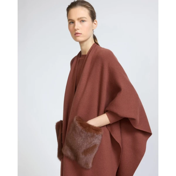 Yves Salomon Merino Knit Poncho with Mink Fur Pockets in Rust Brown | Coats | Coveti