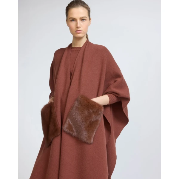 Yves Salomon Merino Knit Poncho with Mink Fur Pockets in Rust Brown | Coats | Coveti