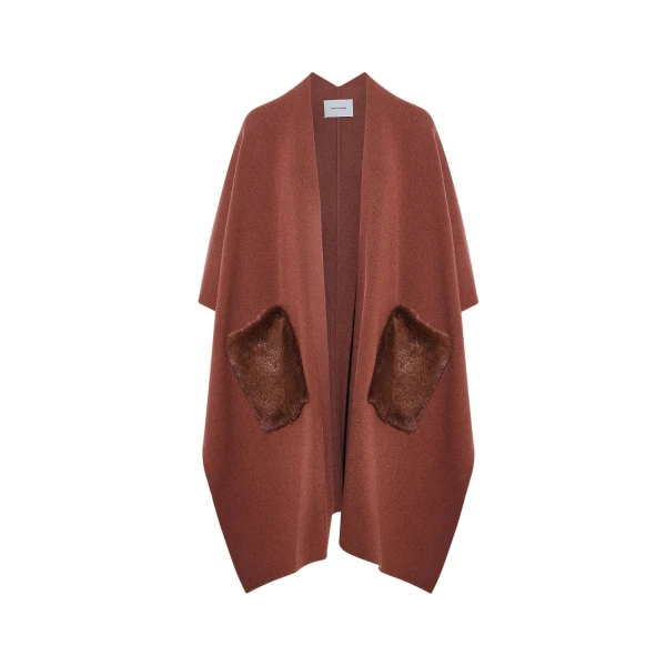 Yves Salomon Merino Knit Poncho with Mink Fur Pockets in Rust Brown | Coats | Coveti
