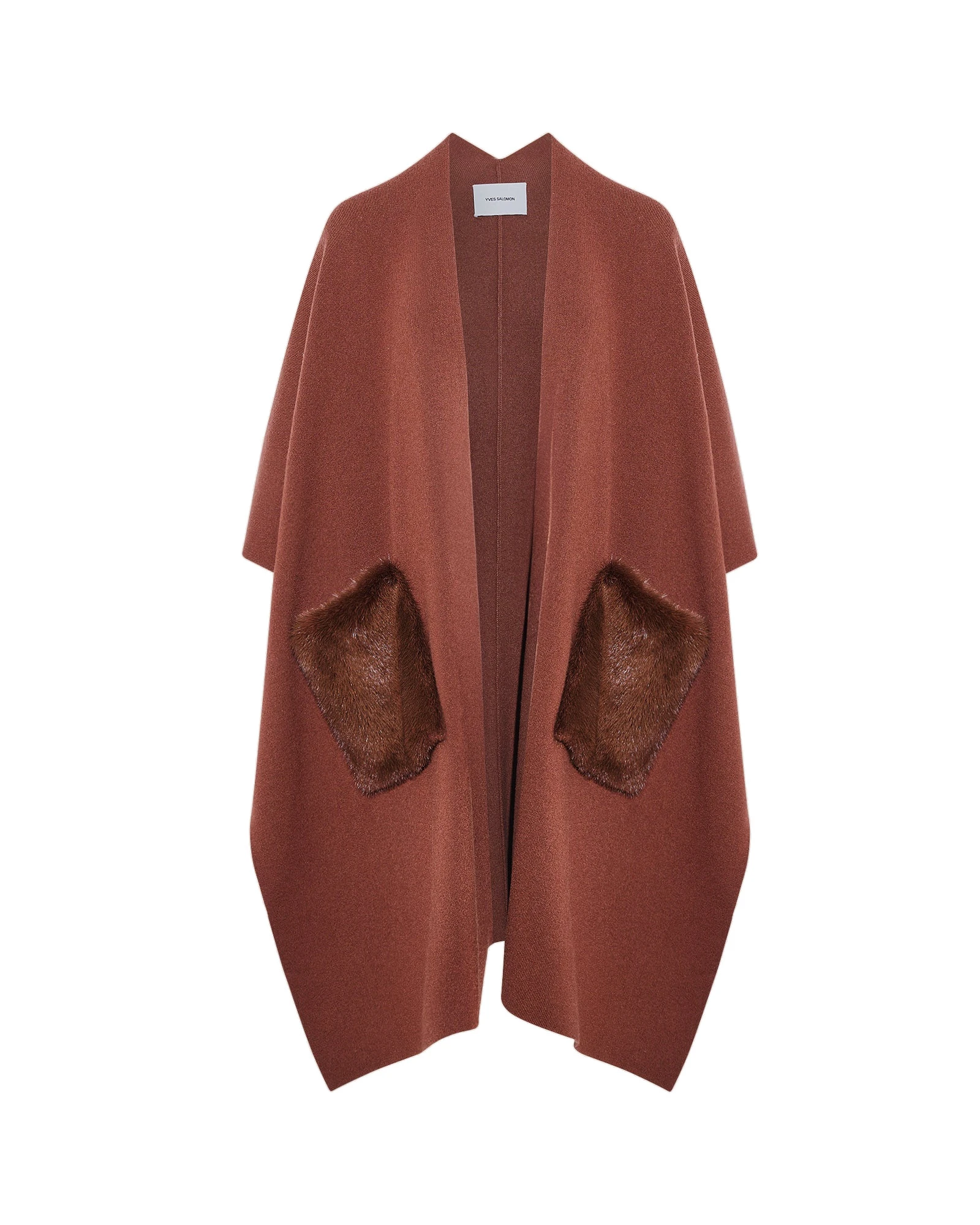 Yves Salomon Merino Knit Poncho with Mink Fur Pockets in Rust Brown Yves Salomon Merino Knit Poncho with Mink Fur Pockets in Rust Brown | Coats | Coveti