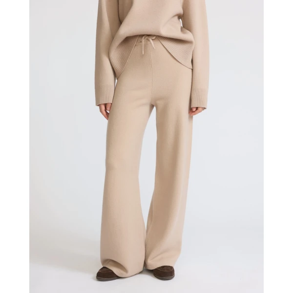 Yves Salomon Merino Knit Wide Leg Trousers in Beige | Wide leg pants | Coveti