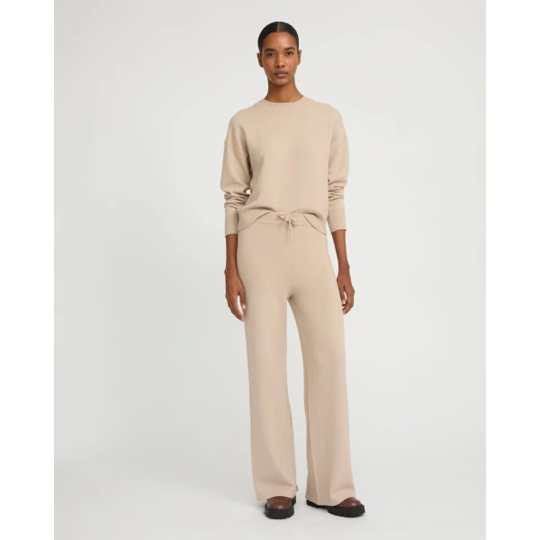 Yves Salomon Merino Knit Wide Leg Trousers in Beige | Wide leg pants | Coveti