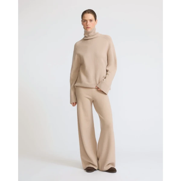 Yves Salomon Merino Knit Wide Leg Trousers in Beige | Wide leg pants | Coveti