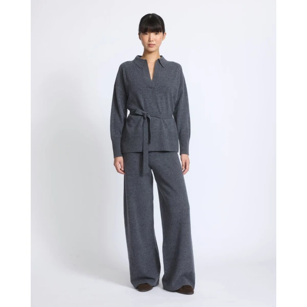 Yves Salomon Merino Knit Wide Leg Trousers in Blue Grey | Wide leg pants | Coveti