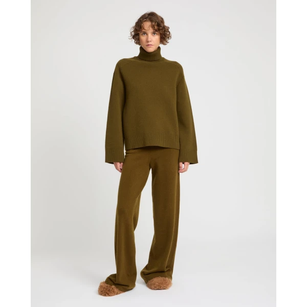 Yves Salomon Merino Knit Wide Leg Trousers in Khaki | Wide leg pants | Coveti