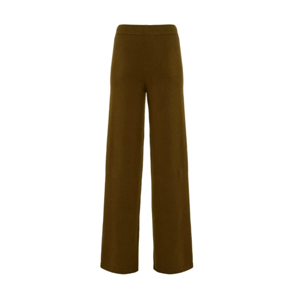 Yves Salomon Merino Knit Wide Leg Trousers in Khaki | Women | Coveti