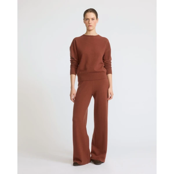 Yves Salomon Merino Knit Wide Leg Trousers in Rust Brown | Wide leg pants | Coveti