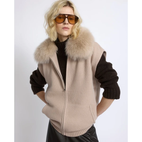 Yves Salomon Merino Knit and Fox Fur Jacket in Beige | Jackets | Coveti